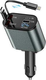 Universal 4-in-1 Retractable Car Charger | 120W Super Fast Charging with Dual Built-in Cables & Extra Ports | Tangle-Free Design & LED Voltage Display