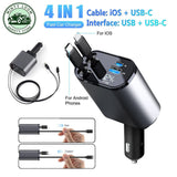 Universal 4-in-1 Retractable Car Charger | 120W Super Fast Charging with Dual Built-in Cables & Extra Ports | Tangle-Free Design & LED Voltage Display