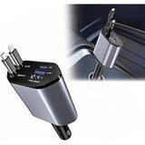 Universal 4-in-1 Retractable Car Charger | 120W Super Fast Charging with Dual Built-in Cables & Extra Ports | Tangle-Free Design & LED Voltage Display