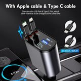 Universal 4-in-1 Retractable Car Charger | 120W Super Fast Charging with Dual Built-in Cables & Extra Ports | Tangle-Free Design & LED Voltage Display