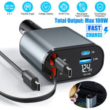 Universal 4-in-1 Retractable Car Charger | 120W Super Fast Charging with Dual Built-in Cables & Extra Ports | Tangle-Free Design & LED Voltage Display